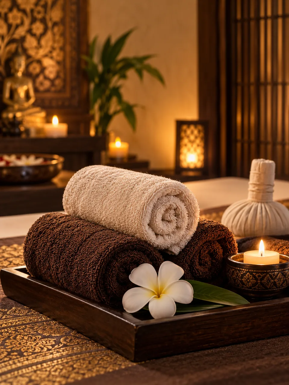 Spa-Motiv mit Handtüchern, Blüte und Kerzen